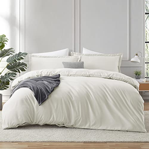 Image of Hearth & Harbor Off White Duvet Cover with Fitted Sheet Queen Size | 4 Piece Soft Double Brushed Bedding Set, Button Closure, 1 Duvet Cover 90x90 Inches, 1 Fitted Sheet, 2 Pillow Shams