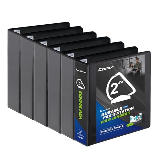 Comix Sturdy 2 Inch D-Ring Binders, 2'' 3 Ring Binder with Clear View Cover, 2.4mm-Thick, Holds 500 Sheets of 8.5" x 11" Paper, 6 Pack (Black)
