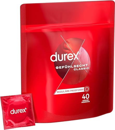 Durex Gefühlsecht Classic Kondome – Dünne Kondome mit anatomischer Easy-On-Form & mit Silikongleitgel befeuchtet – 40er Pack (1 x 40 Stück)