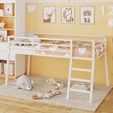 Lutown-Teen Loft Bed Twin Size, Low Junior Metal Twin Loft Bed with Stairs and Safety Guard, Noise Free and Space Saving, White