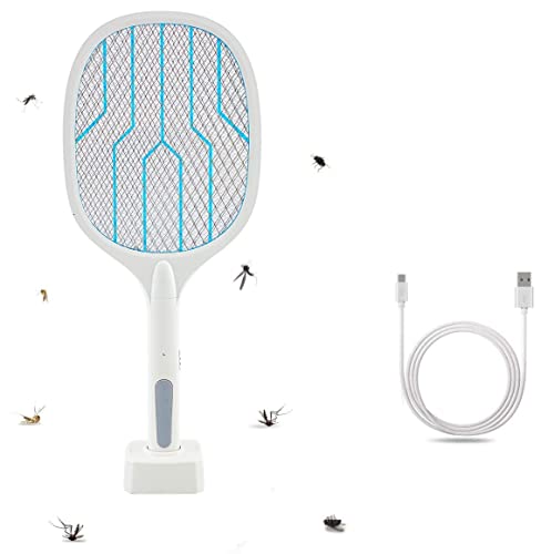 Racchetta Zanzare Elettrica, 3000V con USB Ricaricabile LED 2-In-1 Racchetta Zanzare Elettrico, Protezione Maglia a 3 Strati, Adatto per Casa Giardino Campeggio Interni ed Esterni