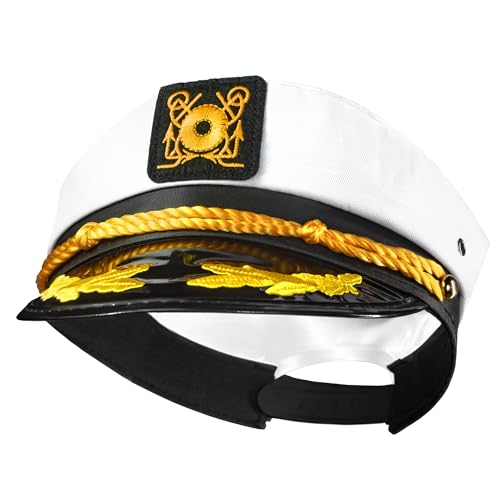 Novelty Place Embroidered Captain Hat - Adjustable White Navy Yacht Sailor Marine Nautical Hat Dress Up Accessory for Halloween, Cosplay, Themed Costume Parties - Men, Women, and Kids (1 Pc)