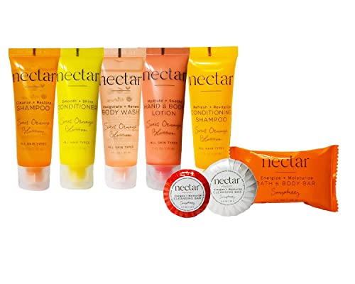 Nectar Mini Travel Size Toiletries Bathroom Kit | Sweet Orange Blossom| Shampoo, Conditioner, Body Wash, Lotion, Two Round Cleansing Bars And Body Bar - 25 Kits #TOP1