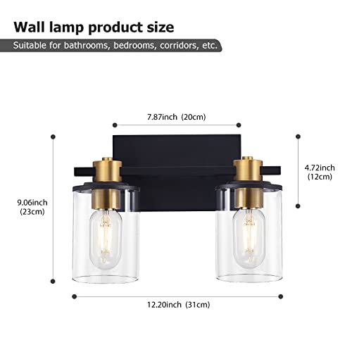 Atocif 2 Light Bathroom Vanity Light Fixtures, Black And Gold Vanity Light Above Mirror With Clear Glass Shade, Modern Wall Sconce Black With Bronze Vintage #TOP4