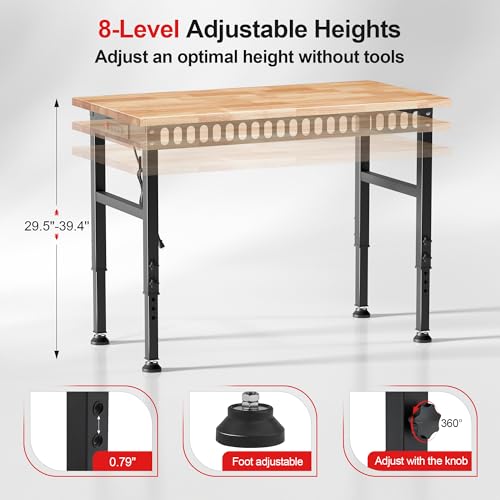 Antifir 48\'\' Adjustable Workbench with Power Outlets, Rubber Wood Top Heavy Duty 2000 LBS Load Capacity Workstation for Garage, Workshop, Commercial,Office,Home - Thumbnail 3