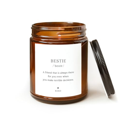 ThreeKin Bestie Candle Gift for Women. Unique Best-Friend Gifts, Lavender Handmade Scent 100% Soy Wax Perfect for Sister, Mom, Daughter, Best Friend, BFF Bday, 9oz Amber Jar, 65 Hour Burn