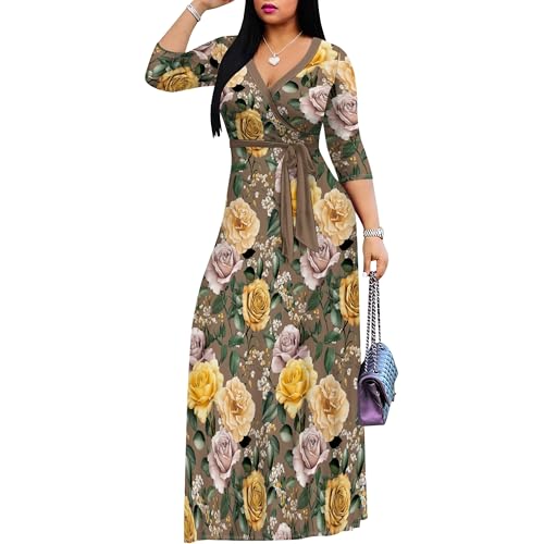 Image of PinkPatty Women's Plus Size Maxi Dress Casual 3 /4 Sleeve Dress with Belt | Soft stretch feel, printed style, flowy A-line fit, v neck, waist tie, side pockets, for vacation, party and daily wear