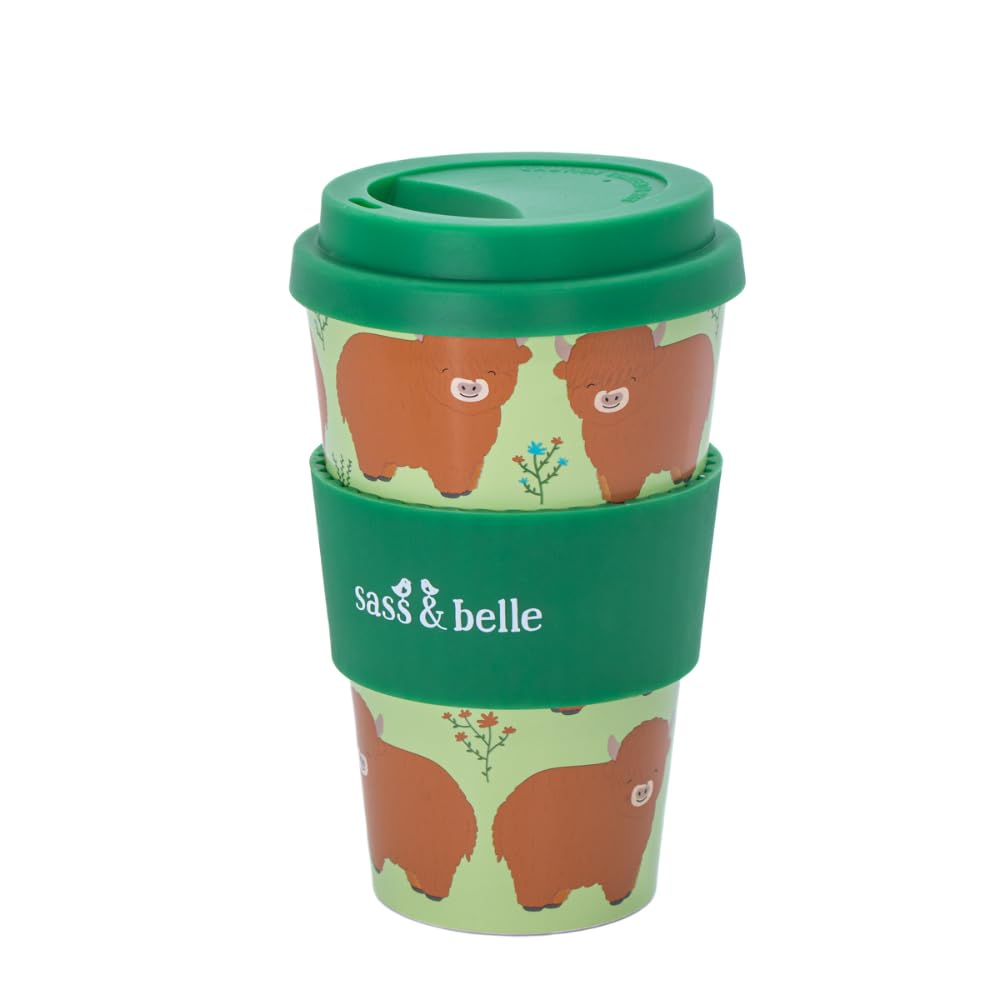 Reusable Travel Coffee Cup – 400ml Eco-Friendly rPET Plastic Mug with Silicone Lid | Lightweight, Insulated & Stylish | Handmade-Look Sustainable Travel Mug (Highland Cow)