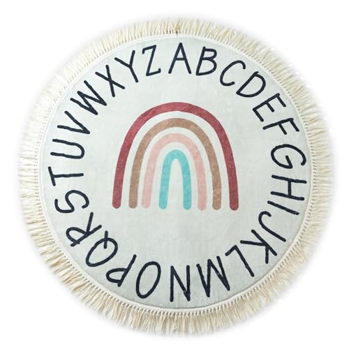 ABC Lovely Boho Rainbow Rug - 4ft Toddlers & Baby Playroom Rug, Round Classroom Carpet, Ultra Soft & Non Slip Alphabet Nursery Rug, Children's Room Washable Carpet - 47 inch
