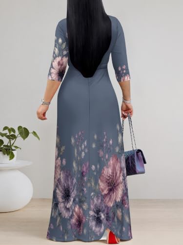 Image of PinkPatty Plus Size Maxi Dress for Women Casual V Neck 3 /4 Sleeve Boho Printed Long Dress with Pockets