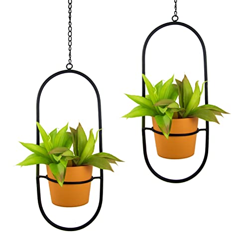 Hemepaha Metal Hanging Planters, Boho Geometric Metal Plant Hanger With 5 Inch Flower Pots,Set Of 2 Black Oval Shape Plant Holder,Wall And Ceiling Planter For Indoor Plants, Home Décor #TOP1