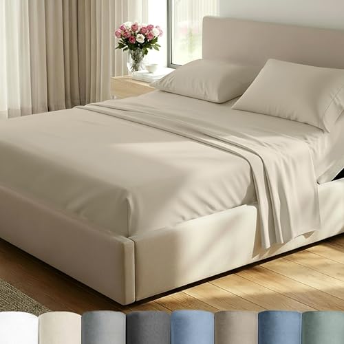 Image of California Design Den Split King Sheets Sets for Adjustable Bed - 600 Thread Count Sateen, 100% Cotton Sheet & Pillowcase Sets, Deep Pockets, Soft and Durable Bedding - Beige