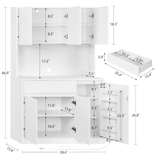 Image of TEENFON Pantry Cabinet with Charging Station and LED Light, Kitchen Pantry Cabinet with Microwave Stand, Kitchen Storage Cabinets with Adjustable Shelves and Door Shelves for Dining Room, White