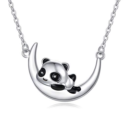 Panda Kette 925 Sterling Silber Panda Halskette Panda auf Crescent Moon Anhänger Halskette Schmuck Geschenke Süße Tier Halskette Schmuck Geschenke für Frauen Mädchen Geburtstag Weihnachtstag