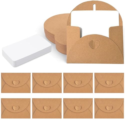ZHYOPING 50 Stück Mini Briefumschläge mit Herz Verschluss & 50 Blanko Karten – Kraftpapier Umschläge 10.3x7cm für Hochzeit, Geschenkkarten, DIY, Einladung, Dankeskarten, Valentinstag, Weihnachten