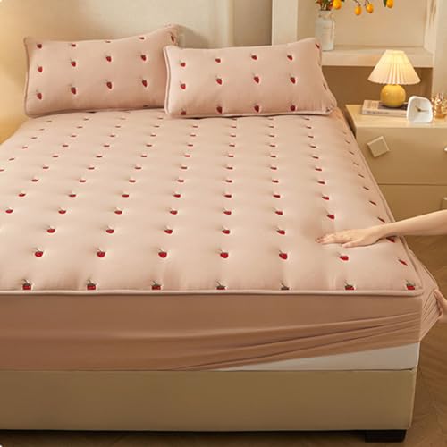 Juego de cubrecolchón acolchado de lujo, sábana bajera doble de 200 x 220 cm + 30 cm de profundidad, microfibra suave, color blanco, juego de 3 piezas