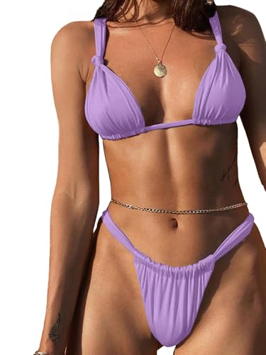 Rooscier Women's Retro Halter Triangle Top Push Up 2 Piece String Bikini Set Swimsuits