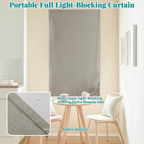 Image of 100% Blackout Magic Tape Stick On Curtains Window Shades Pull Down Blackout Window Cover No Drillng Self Adhesive Curtains No Rod Small Windows, W35 x L60 inch, 1 Panel, Light Brown
