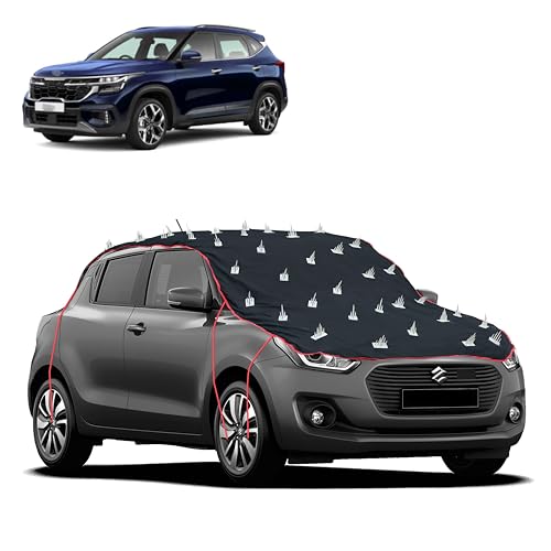 Image of Dog Protection Spike Car Cover for Seltos Bonnet to Roof Easy Installation with 4 Elastic Hook Strap | Anti-Scratch Soft Cotton Inner | Complete Protection from Street Dogs & Monkeys