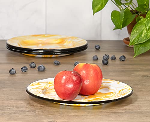 Red Co. Set Of 4 Enamelware Metal Classic 10 Inch Round Dinner Plate, Yellow/Black Rim - Swirl Design #TOP2