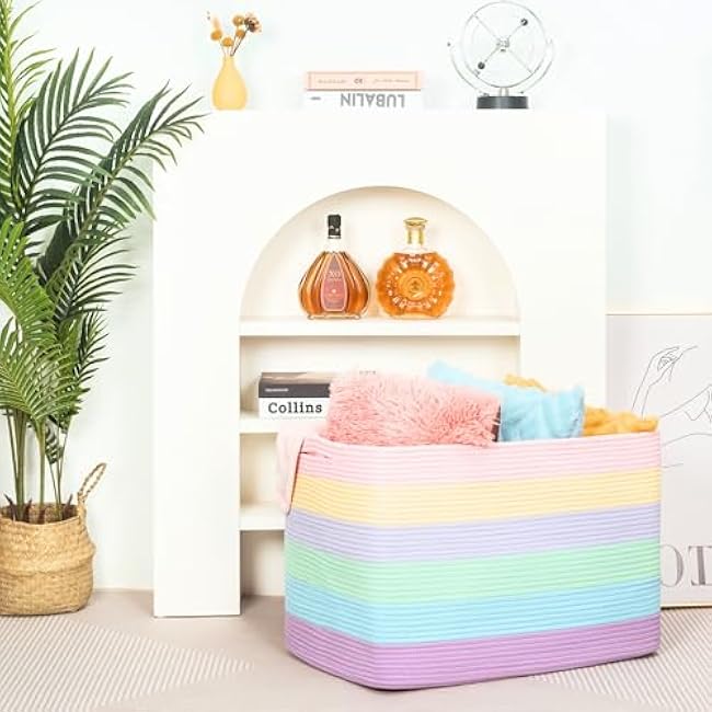 MINTWOOD Design 112L Extra Large Blanket Basket Holder Living Room, 25x17x16 Rectangle Rope Woven Storage Basket with Handles for Laundry, Towels, Shoes, Dog Toy Organizer Bin Box, Pastel Rainbow