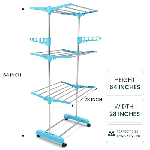 Image of H Houseware Single Pole Stainless Steel 3 Tier Cloth Drying Stand with Wheels | Foldable Clothes Dryer & Laundry Rack | Rustproof & Portable | 43.2D x 78.7W x 165H cm(Blue)