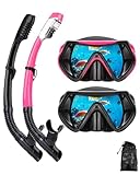 Snorkeling Gear for Adults, Dry Snorkel Mask Set, Scuba Diving Snorkle mask Set Adult, Panoramic Wide View Anti-Fog Dive mask, Swimming Diving Snorkeling Packages (Black+Pink（2 Set）)