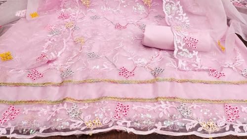 Image of Women's Organza Silk Embroidery Unstitched Salwar Suit Dress Material