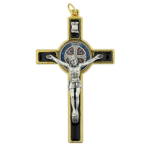 Crucifijo San Benito de 3 pulgadas en dorado toned y negro epoxi un regalo de fe y protección