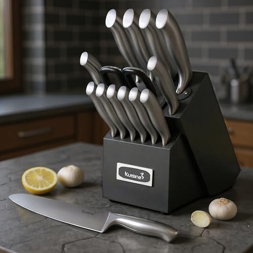 Image of KUISINE Upgraded Premium Chef Knife Set,High Carbon Stainless Steel Razor-sharp Blade Ergonomic Non-slip Steel Handle,Block Knife Set with Built-in Sharpener(Black Silver,15PCS)