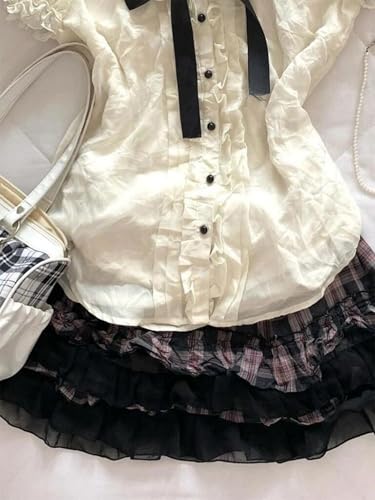 Lolita Shirts Kawaii Cute Clothes Blouse Lace Short Jirai Kei Fashion Puff Sleeve Shirt Ruffle Top with Bow Cutecore4