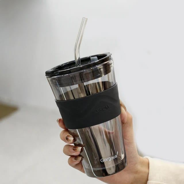 Image of Reusable Glass Tumbler with Lid & Straw Pack of 1, 450ml Multipurpose Drinking Glasses Coffee Sipper Mugs for Juice Smoothies Iced Tea Indoor & Outdoor Cup