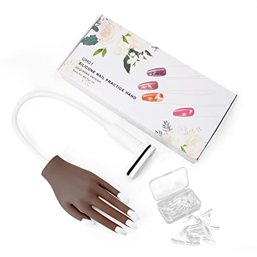 Practice Hand For Acrylic Nails, Upgrade Silicone Nail Hand Practice Nails Never Fall Off, Moveable Flexible False Fake Hands Manicure Practice Hands With Clear Nail Tips, Coffee Color #TOP3