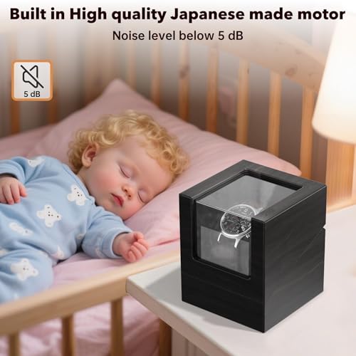 Image of Racokky Watch Winder for Automatic Watches, Anti-Magnetic Single Watch Winder Box for Rolex, Luxury Wooden Case, Quiet Japanese Motor, Soft Velvet Pillow, Battery or Type-C, Premium Gift for Men