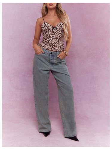 Women's Y2K Leopard Cami V Neck Sleeveless Cami Crop Top Cheetah Spaghetti Strap Tank Top Bow Slim Fit Tops3