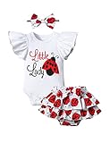 ADIFUN Newborn Girl Clothes,Baby Girl Summer Clothes Outfits,Baby Girl Romper Sets little lady Ruffle Short Sleeve Top +Seven-star ladybug Shorts+ Bow Hairband 3Pcs Set