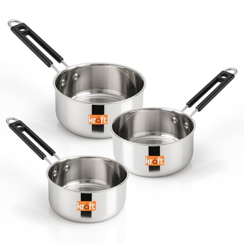 Image of Kraft Stainless Steel Saucepan Combo Set of 3-1, 1.4 and 1.8 Litre, Durable and Versatile Sauce Pan for Tea, Riveted Sturdy Bakelite Handle, Induction & Gas Base, for Chai, Milk, Soup, Egg