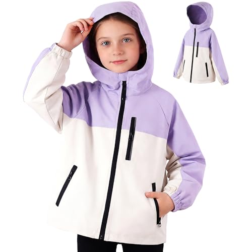 Hoseay Chaqueta Impermeable Infantils, Chubasquero con Tiras Reflectantes y Bolsillos Cremallera, Ligero Cortavientos con Capucha, Ropa Abrigo Niñas Escuela para Edad 11-12, Morado Blanco