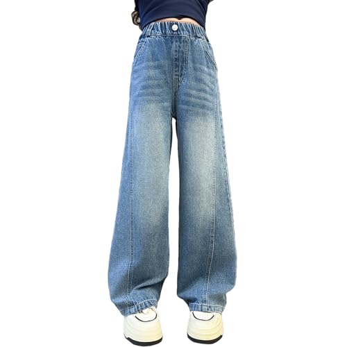 Girls Jeans Elastic Wide Leg Button Baggy Denim Pants High Waist Trousers Trendy Preppy Y2k Streetwear with Pockets