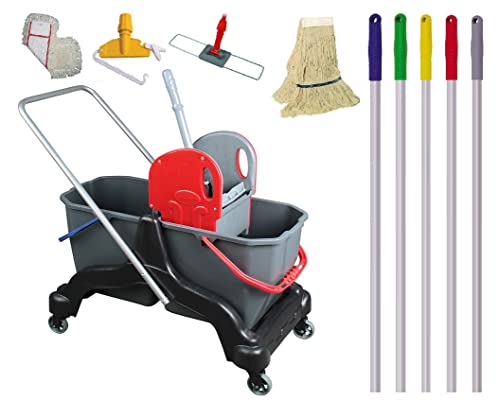 Çift Kovalı Temizlik Arabası; Temizlik Seti Mop ve Aparatı, 6 Parça Paspas Arabası, 25 L, Siyah…