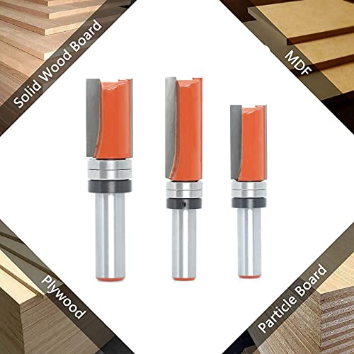 Promsa 3Pcs Flush Trim Router Bit 1/2 Inch Shank, 3/4" Cut Dia, Cutting Length 1-1/4",1-1/2" , 2", Top Bearing Pattern Flush Cut Router Bit, Flush Trim Bit For Woodworking Trimming #TOP6