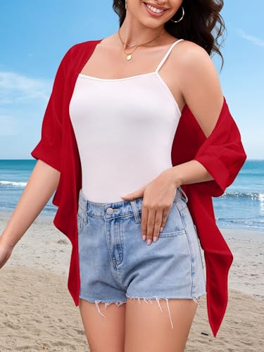 Image of Cardigan for Women Lightweight Summer 3 /4 Sleeve Dressy Casual Red XXL