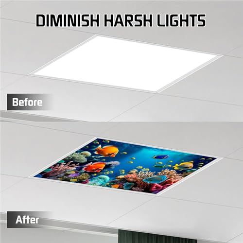 Image of 2 Pack Fluorescent Light Cover for Ceiling Light Classroom-Abyssal Fish Magnetic Light Cover Fluorescent Light Shade Panel, Decorative Film Filter for Reducing Harsh Glare Home Decorations