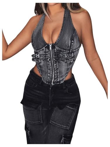SHENHE Women's Y2k Denim Crop Top Deep V Zip Up Belted Halter Top Sexy Backless Asymmetrical Jean Corset4