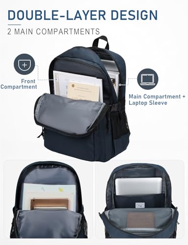 Image of Kasqo School Backpack, 20L Dual Compartment Bookbag for Boys Teens, Navy | 20L, Machine Washable, Water-Resistant, Fit 15.6 Inch Laptop, Dual Main Compartment, 8 Pockets, Side Compression Buckles
