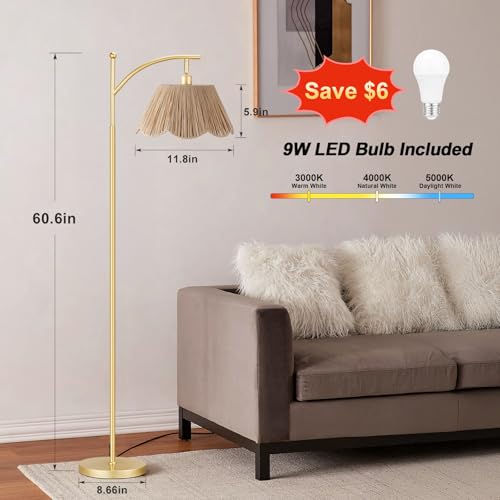 Image of Ambimall 60 inch Floor Lamps for Living Room with 3 Color Temperatures, Gold Floor Lamp with Rattan Shade, Modern Tall Lamps for Bedroom Office, 9W LED Bulb Included
