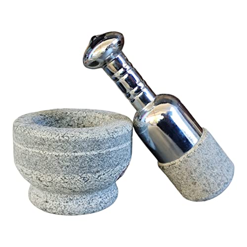 Image of EZAHK Mortar and Pestle Set with Stainless Steel Handle Bowl Type Natural Stone Grinder for Herbs and Spices Grey (Width 10cm x Height 7.5cm)