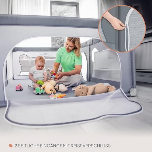 LIONELO WILLOW Laufgitter Baby, ab 0-48 Monaten große Fläche 120 cm x 180 cm x 68 cm mit Seitenwände aus atmungsaktiven, strapazierfähigem Netzstoff, 2 Seitliche Eingänge mit einem Reißverschluss