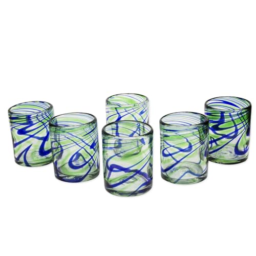 NOVICA Artisan Handblown Recycled Tumbler Drinkware | Rocks Glass Handmade Mexico Drinkware Tumbler | Handcrafted Blown Glass Rocks Blue Green Swirls | Eco-Friendly Drinking Glasses | 10 oz | 'Elegant