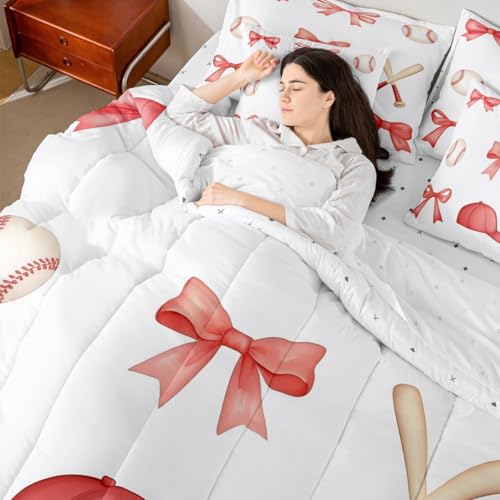 Image of Watercolor Bowknot 7 Pcs Comforter Set with Sheets Twin Size Sports Baseball Cap Baseball Bedding Sets for Kids Girls Women Cartoon Bow Ribbon Girly Bedroom Dorm Decor Lightweight Bed Set All Season